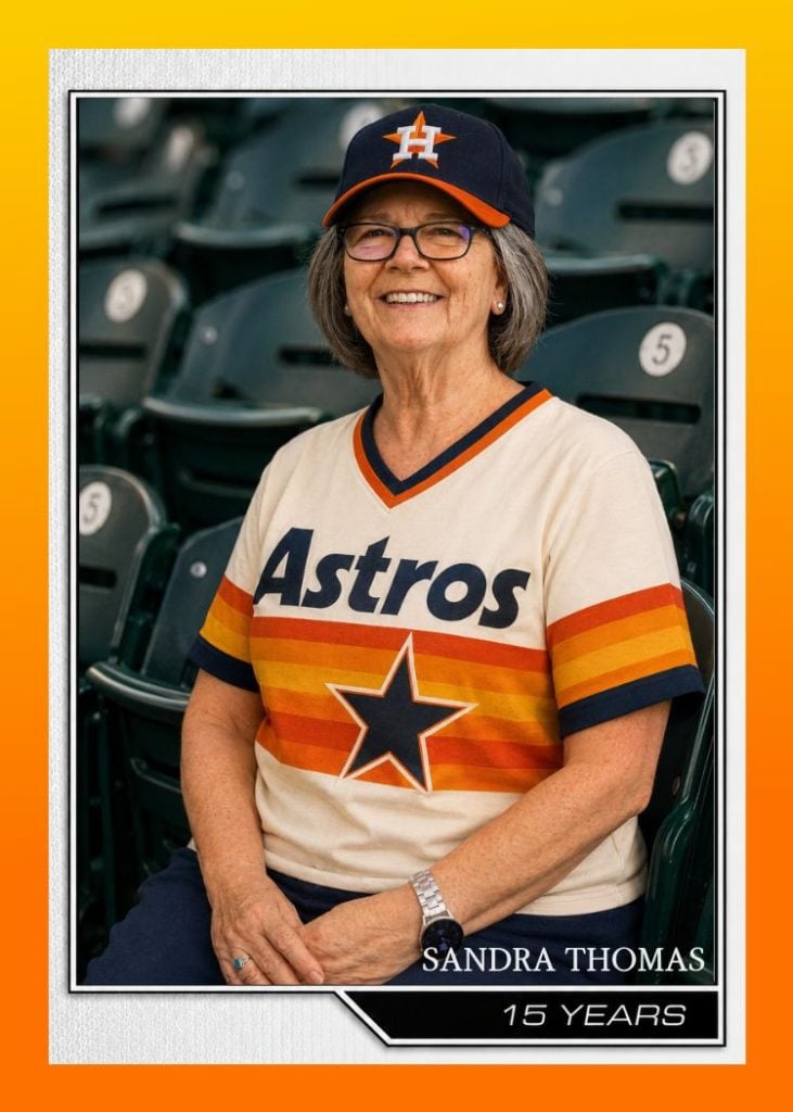 A tribute card of Sandra Thomas in a retro Houston Astros jersey and cap, marking her 15 years with Showalter Colgin and Davis