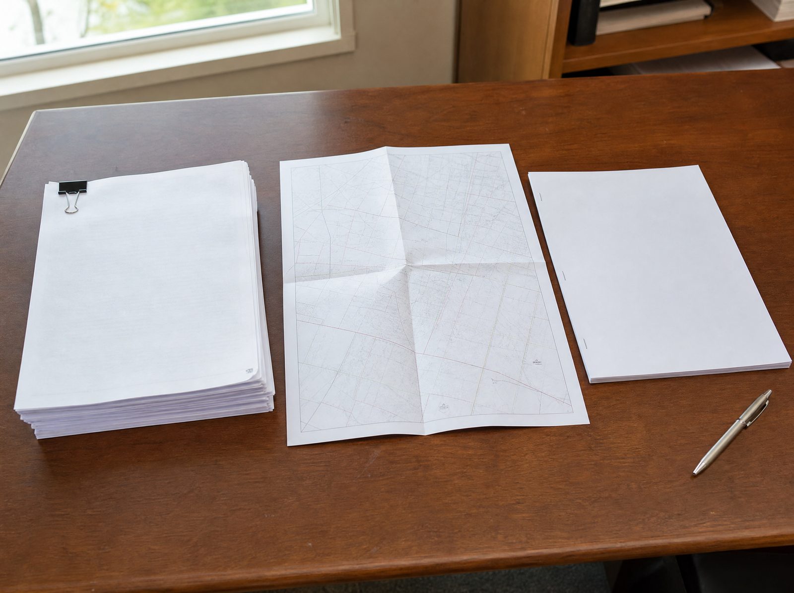 A right-of-way offer package, a property appraisal, a parcel map, and a proposed easement document laid out on a wooden desk for review