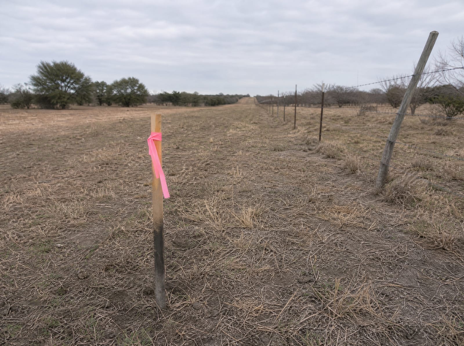 A wooden survey stake marking a utility and pipeline right-of-way across open Texas ranchland, a wire fence line and dry pasture under flat daylight