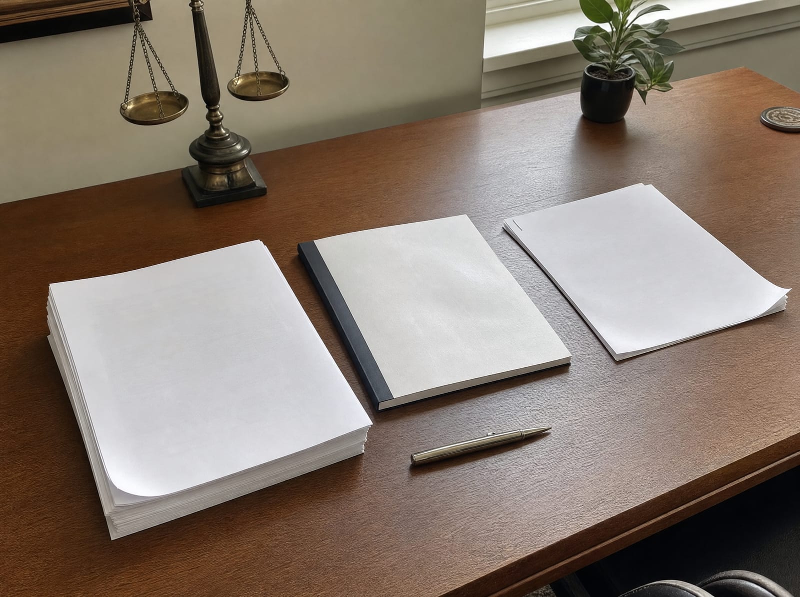 A condemnation offer package, a property appraisal, and a proposed easement document laid out on a wooden desk for review with no readable text