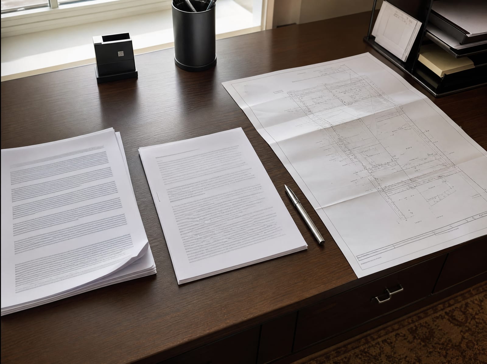 A printed legal petition document, a proposed easement, and a folded property survey laid out side by side on a wooden desk for review with no readable text