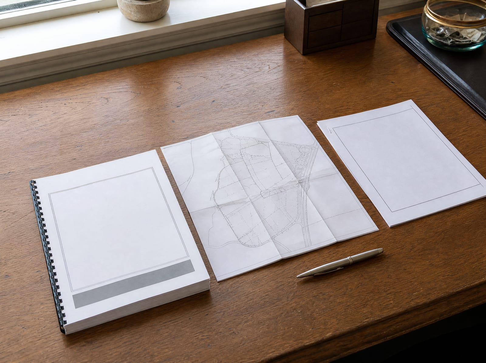 A printed property appraisal, a folded parcel map, and a proposed easement document laid out side by side on a desk for comparison with no readable text