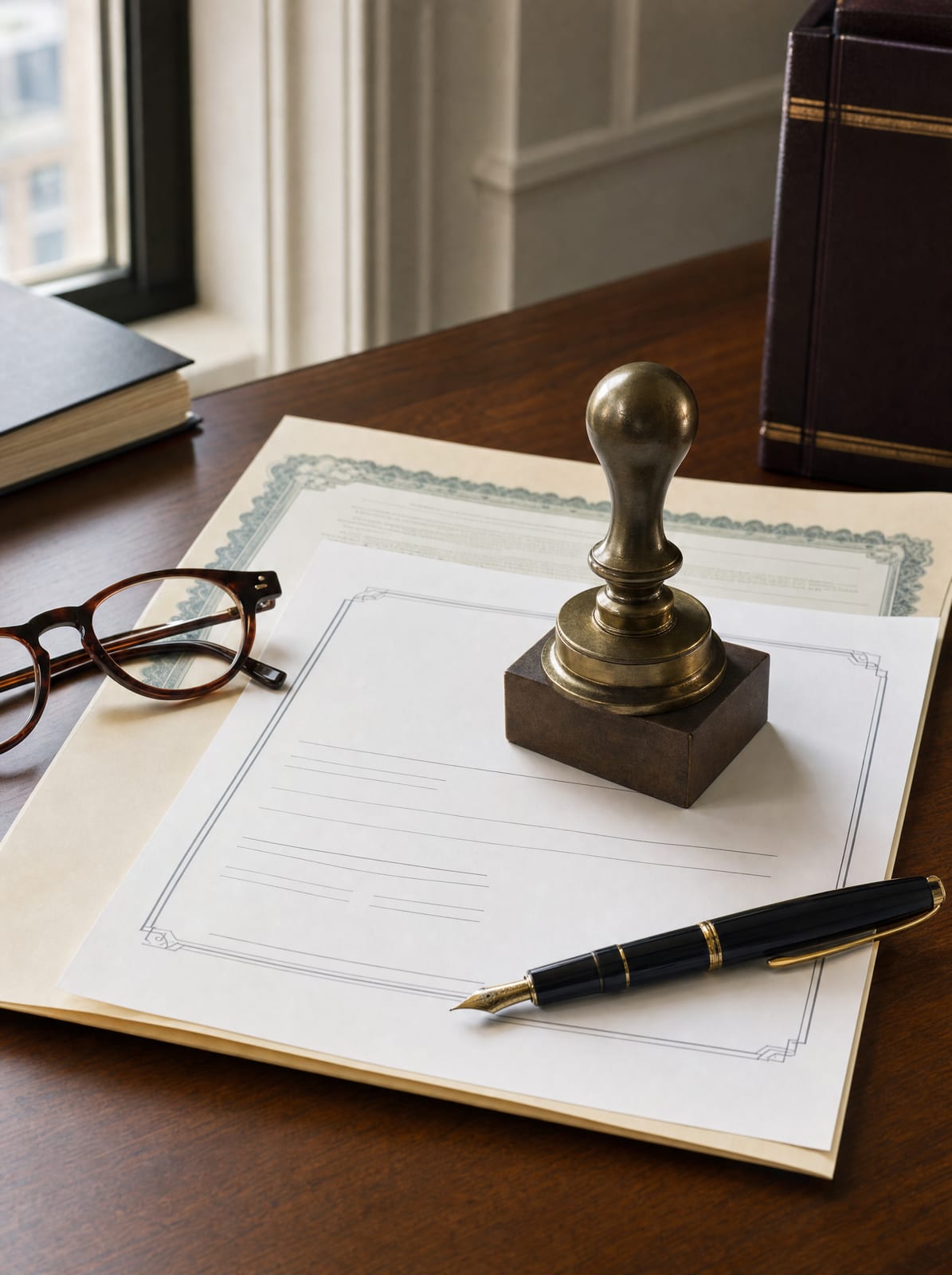 Business-formation documents such as articles of incorporation, a brass corporate seal embosser, a fountain pen, and reading glasses on a warm wood desk, for business startups and transactions