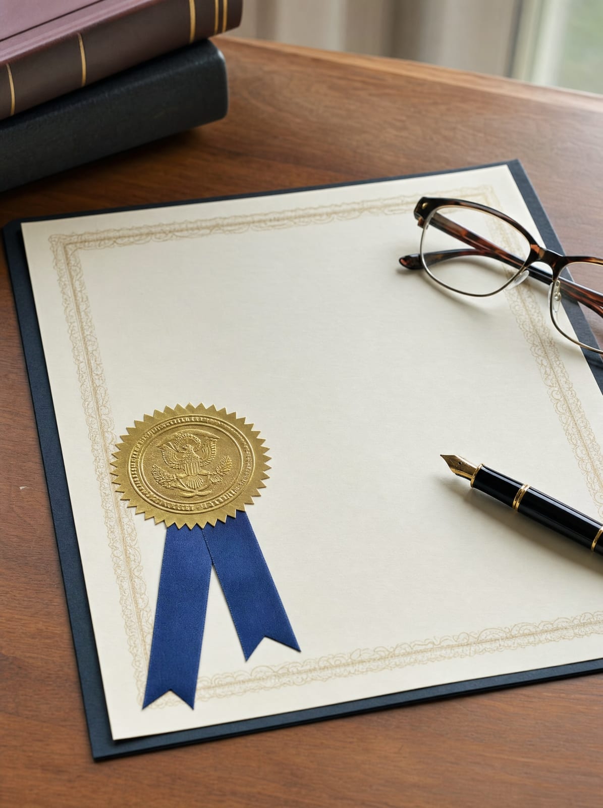 An intellectual-property registration certificate with an embossed gold seal and ribbon, a fountain pen, and reading glasses on a warm wood desk, representing copyright and trademark protection