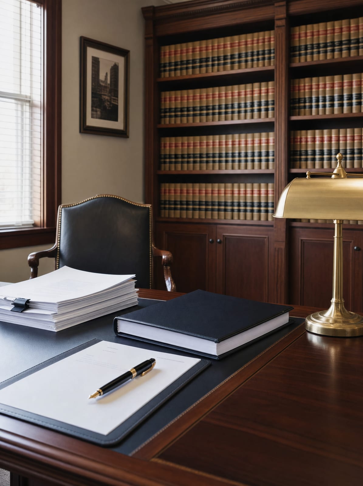 A law-office desk with a stack of prepared documents and a bound agreement, a fountain pen, a brass desk lamp, and a wall of law books, for implementation and representation