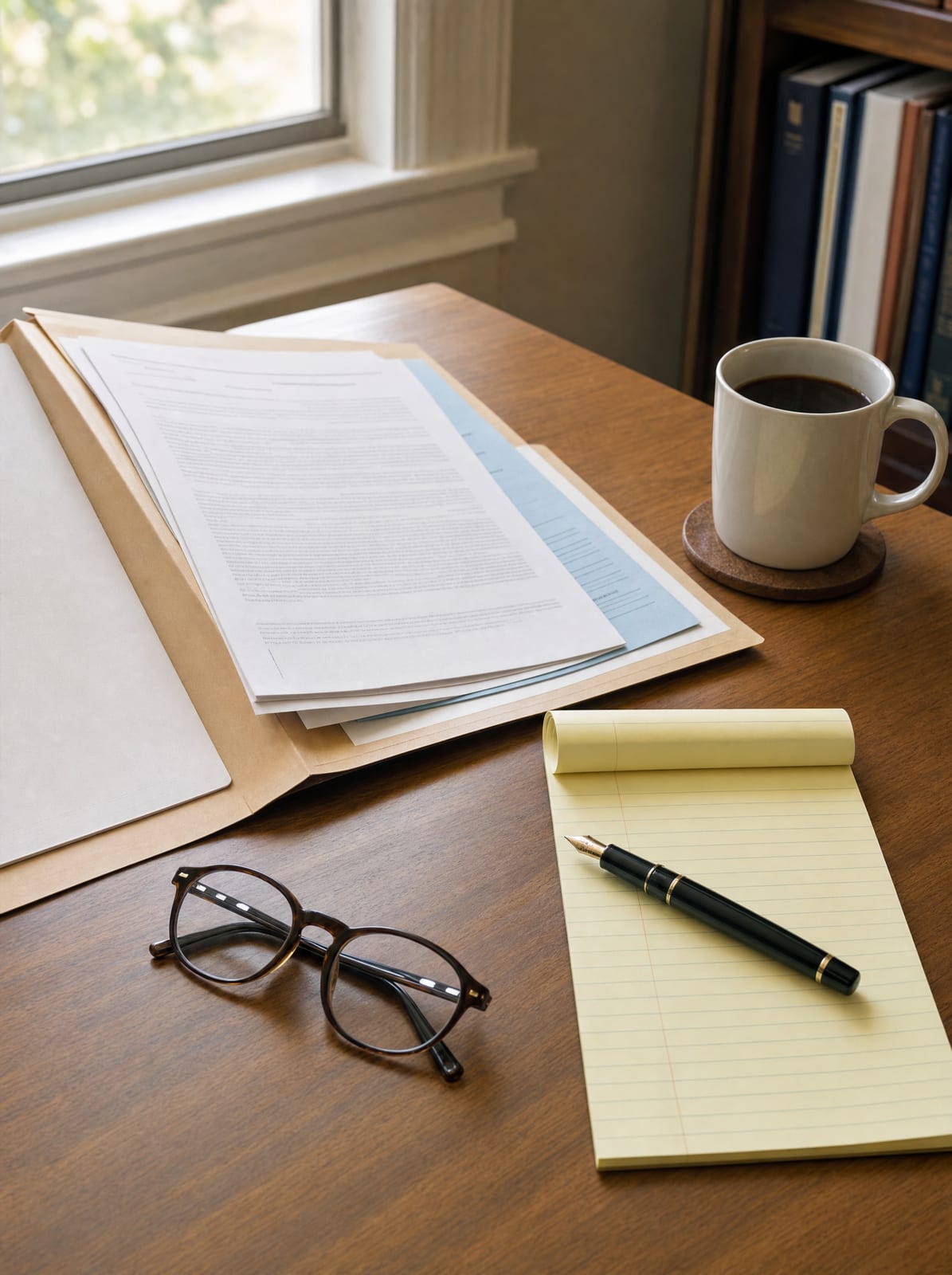 An open folder of documents, a legal pad with a fountain pen, reading glasses, and a coffee cup on a warm wood desk, for an initial consultation and case evaluation