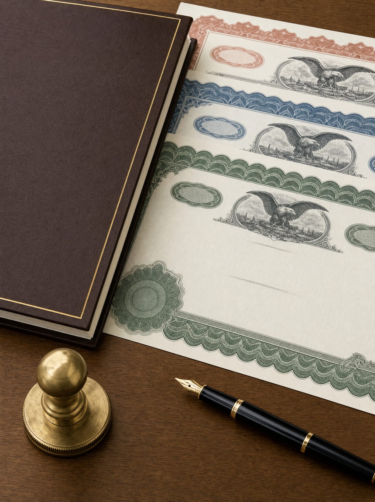 A bound partnership agreement and several formal stock certificates, a brass corporate seal, and a fountain pen on a warm wood desk, representing partnership and shareholder disputes