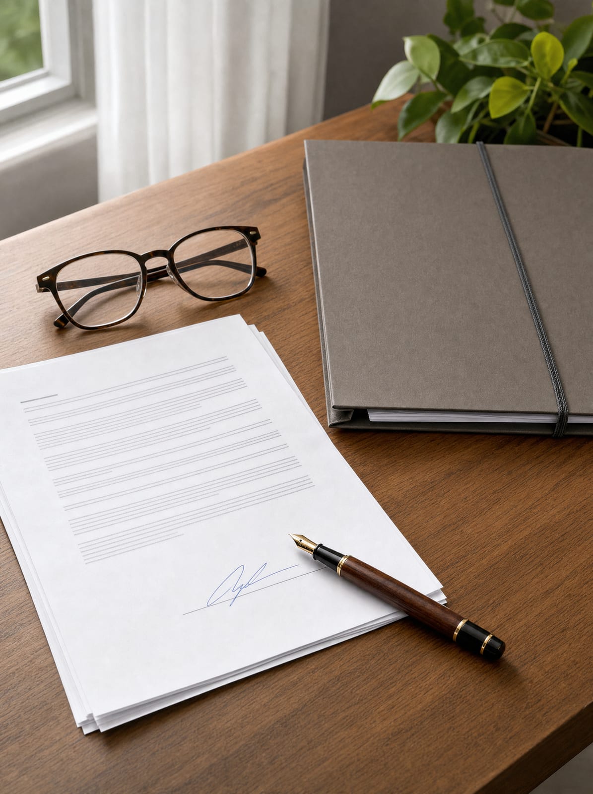 A signed and finalized agreement with a fountain pen on the signature area, a closed file folder bound with an elastic band, and reading glasses on a warm wood desk, for resolution and follow-up