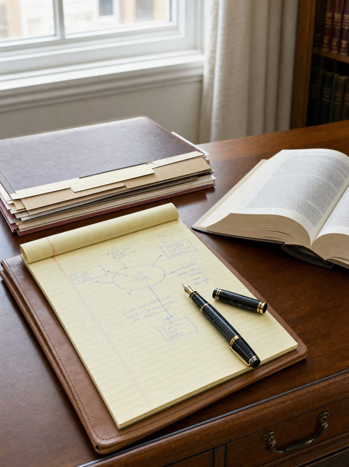 A legal pad with handwritten strategy notes and a simple diagram, tabbed folders, an open law book, and a fountain pen on a warm wood desk, for developing a legal strategy