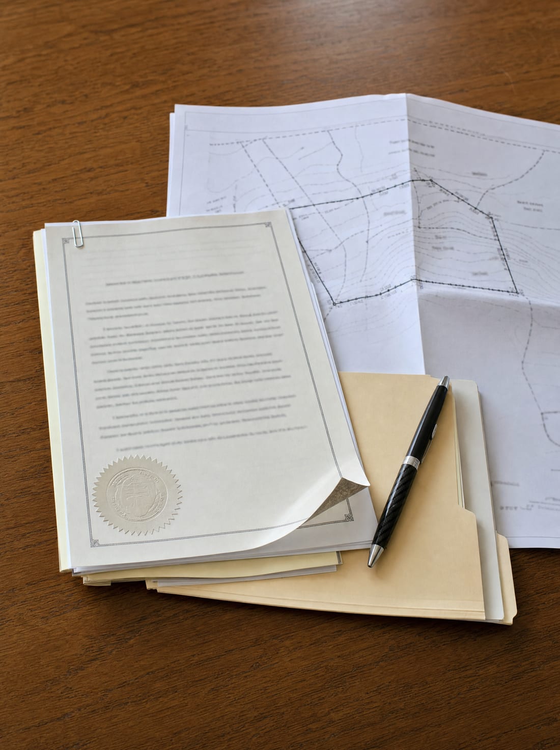 A stack of legal property documents, a folded land survey, and a deed with a manila folder and a pen on a wood desk