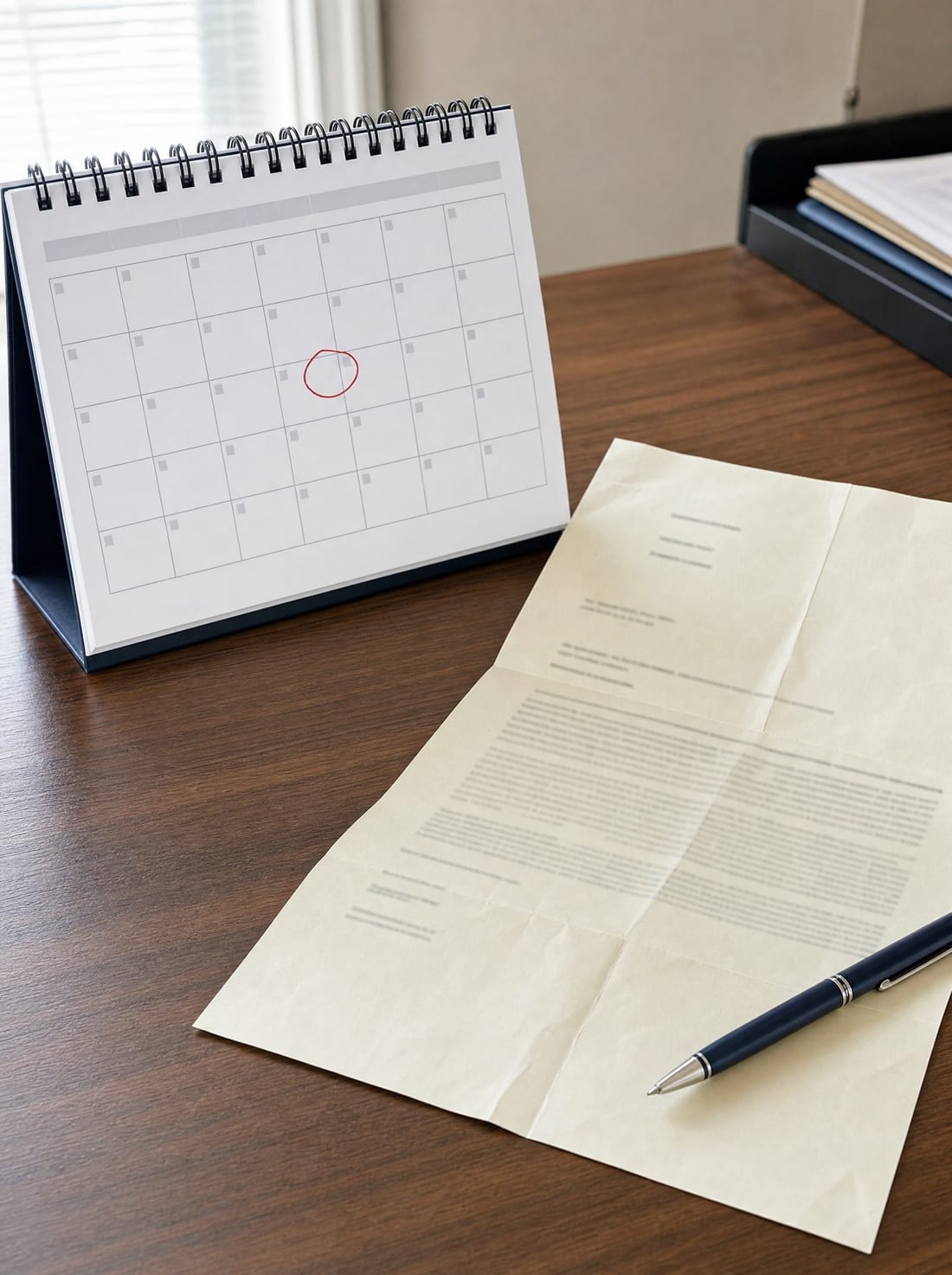 A desk calendar with one date circled in red pen beside a folded legal notice and a pen