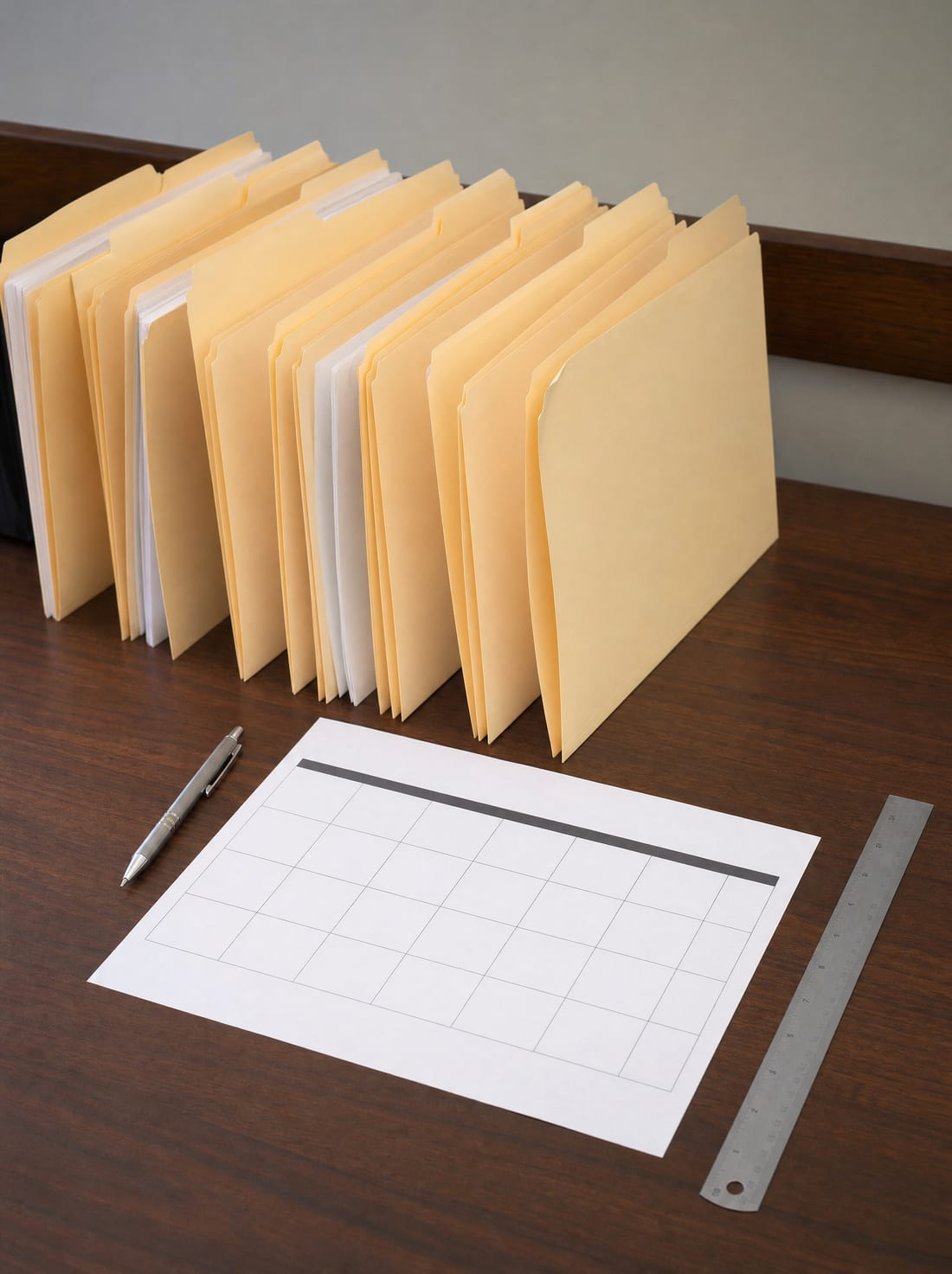 Dated file folders and a calendar page arranged on a desk to lay out a chronology