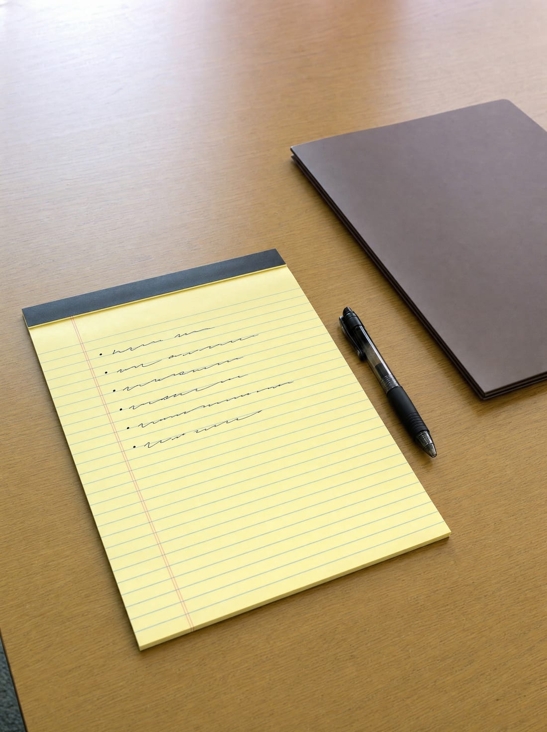 A yellow legal pad with a few handwritten notes and a pen resting on it on a desk