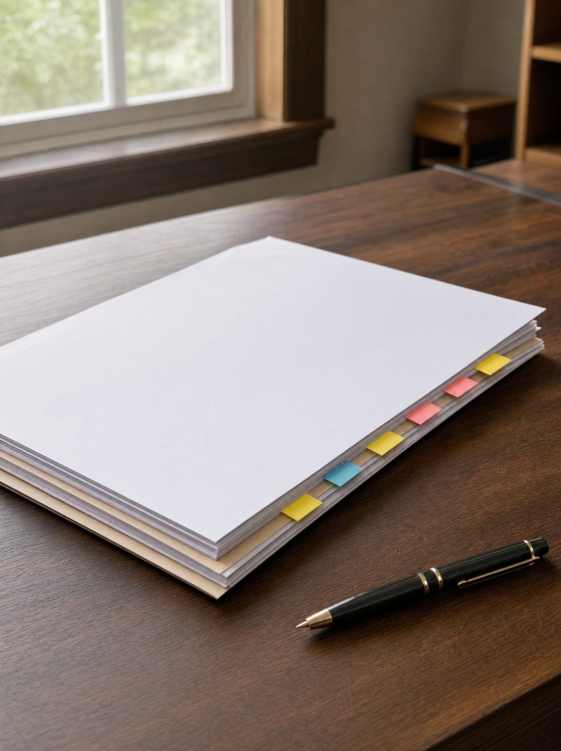 A registration application packet on a desk with colored tab flags and a fountain pen, prepared to file