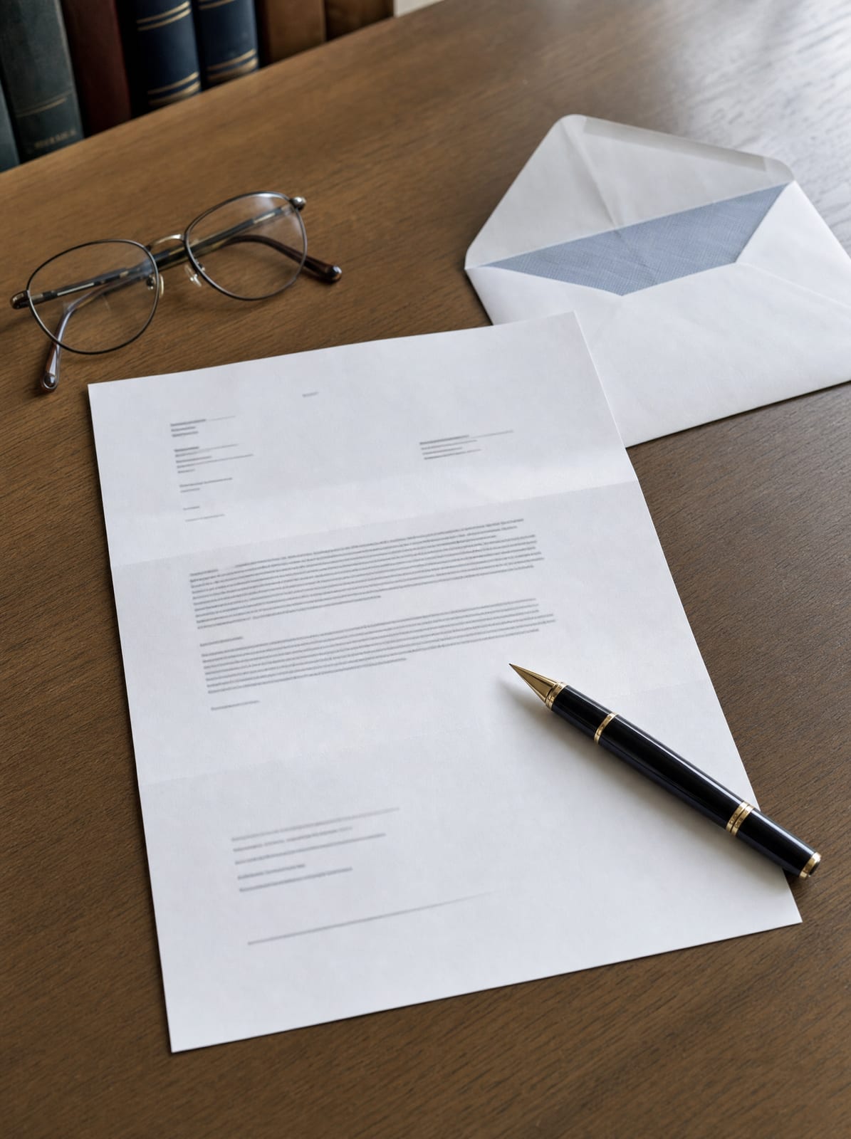 A formal legal letter and its opened envelope on a wood desk with reading glasses and a fountain pen, a cease-and-desist notice under review