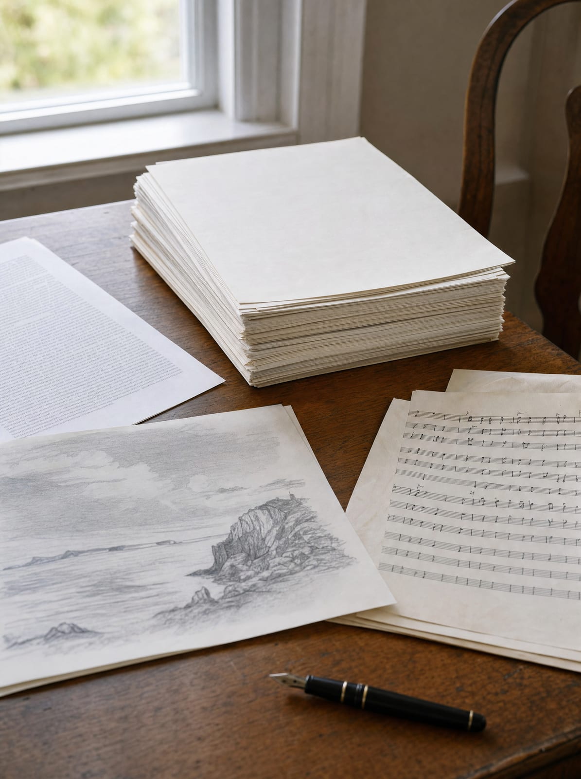 A desk with a stack of plain manuscript pages, printed sheets, an artist's pencil sketch, and a sheet of music, representing valuable original creative content