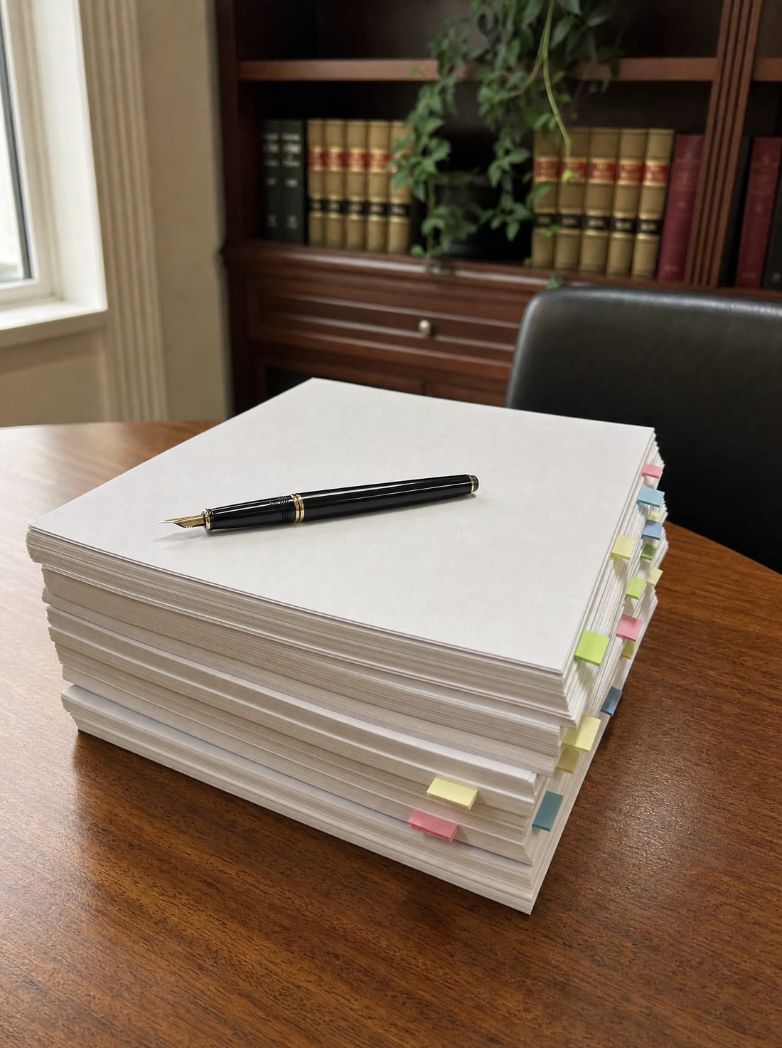 A stack of legal briefs with colored tab flags and a fountain pen on a desk, for defending against challenges