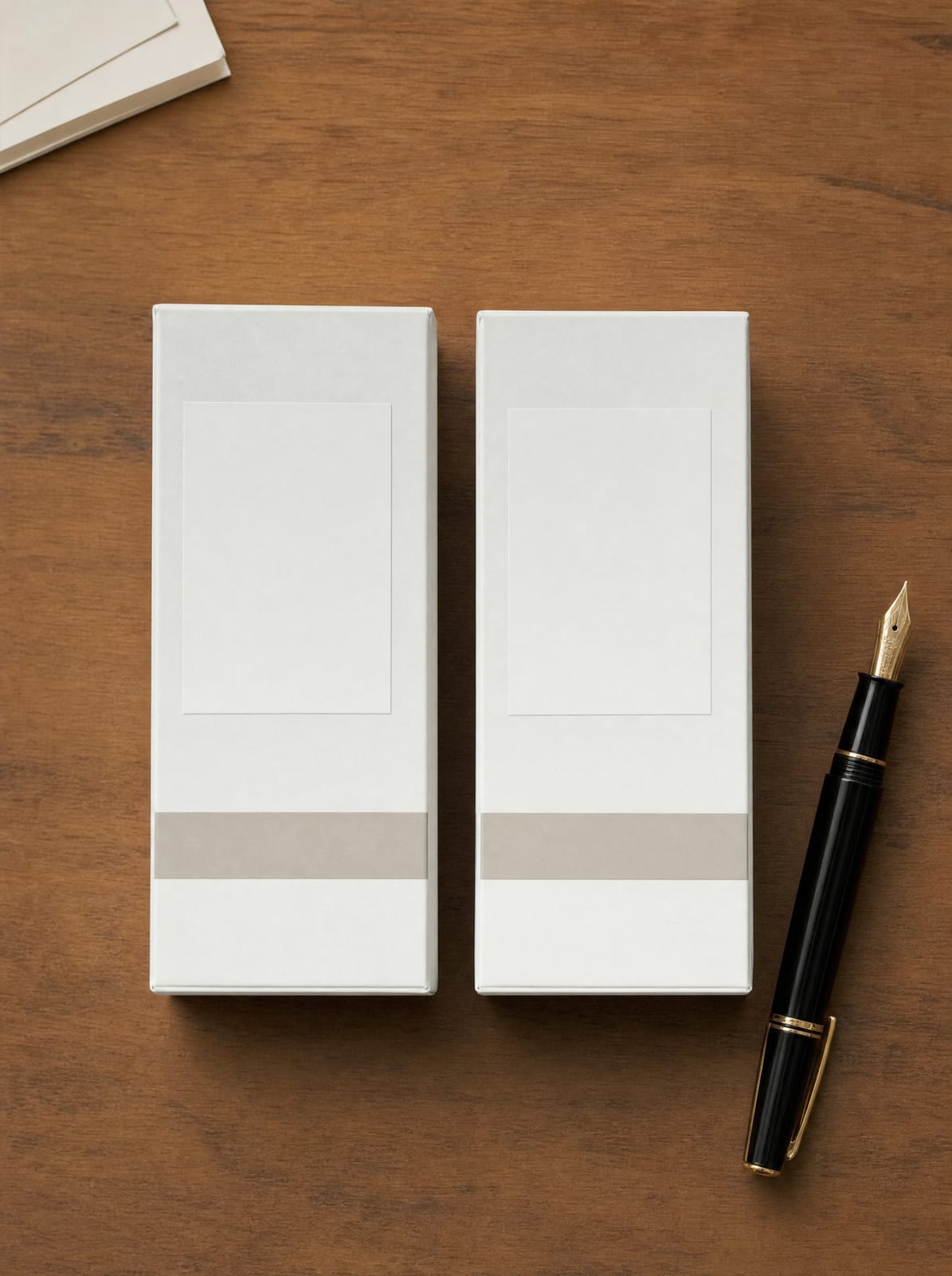 Two nearly identical plain product labels placed side by side on a wood desk for comparison, suggesting unauthorized copying of a brand