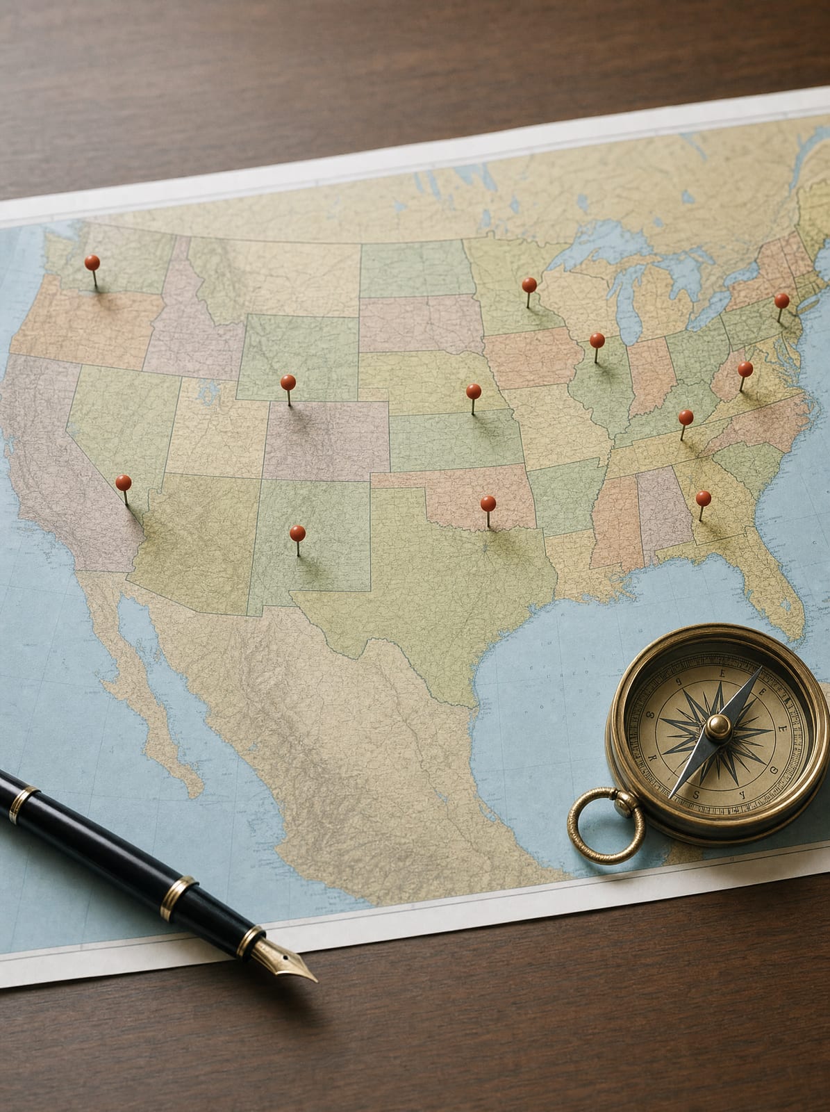 A printed United States regional map on a wood desk with several location pins and a brass compass, representing expanding a business across states