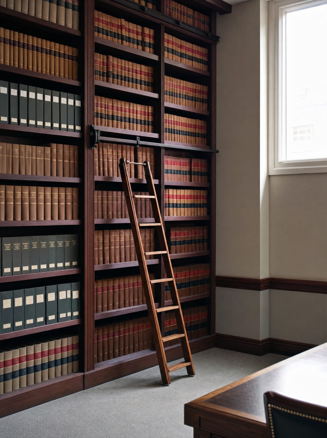 A law-firm records room with a wall of shelved reference volumes and a rolling ladder, for a trademark clearance search