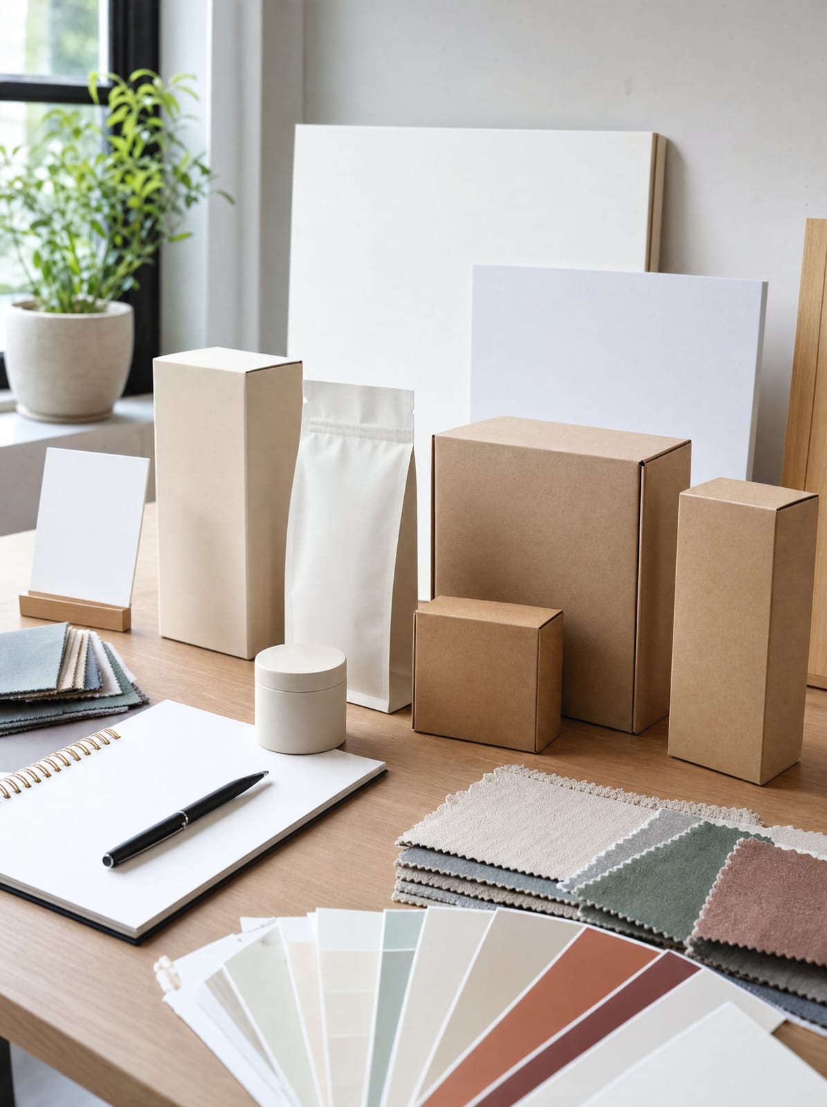 A clean desk preparing to launch a new business or product with unbranded packaging mockups, blank signage boards, color swatches, a notebook, and a pen