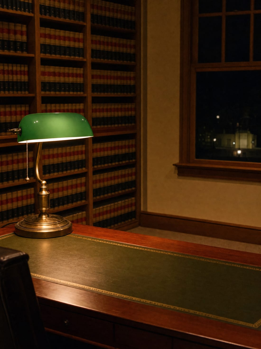 A warm law-office interior in the evening with a lit banker's lamp and a wall of law books, implying ongoing watch and enforcement