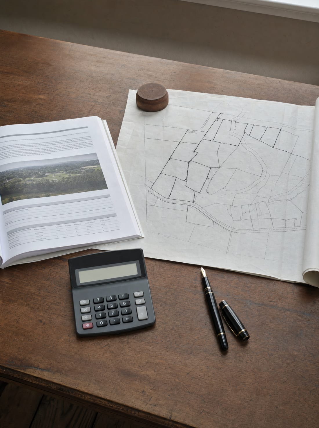 A desk with a valuation report, a rolled parcel survey map, a calculator, and a pen, for an independent valuation