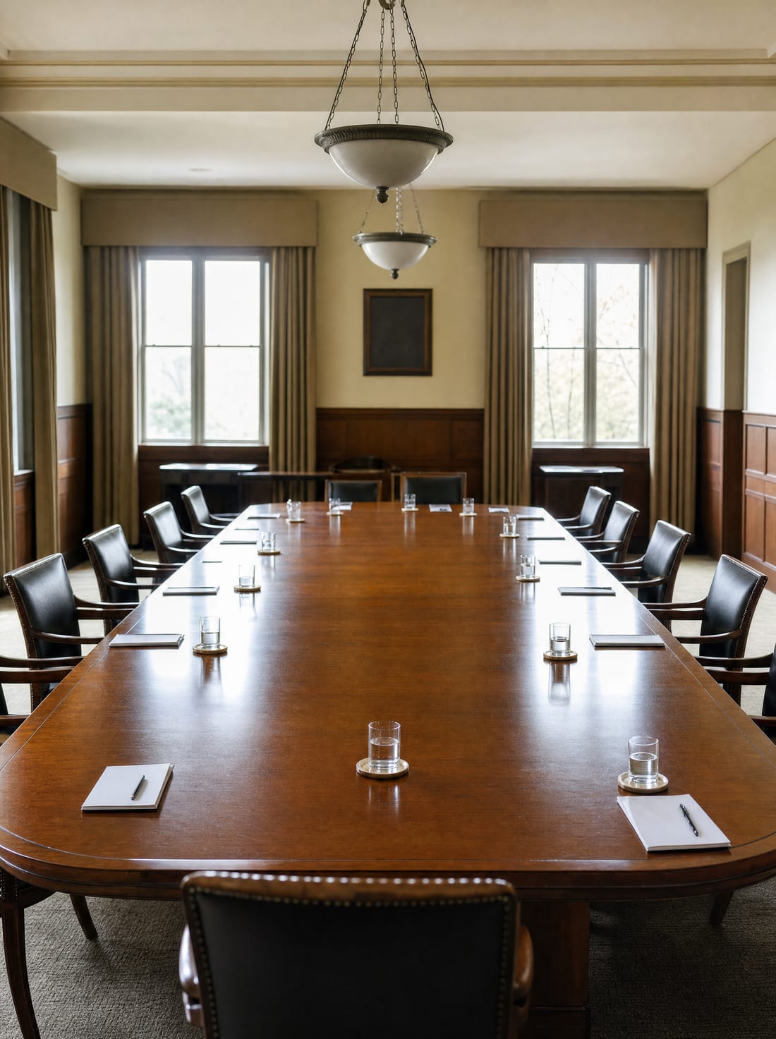 A formal conference room with a long table set for negotiation with the condemning authority