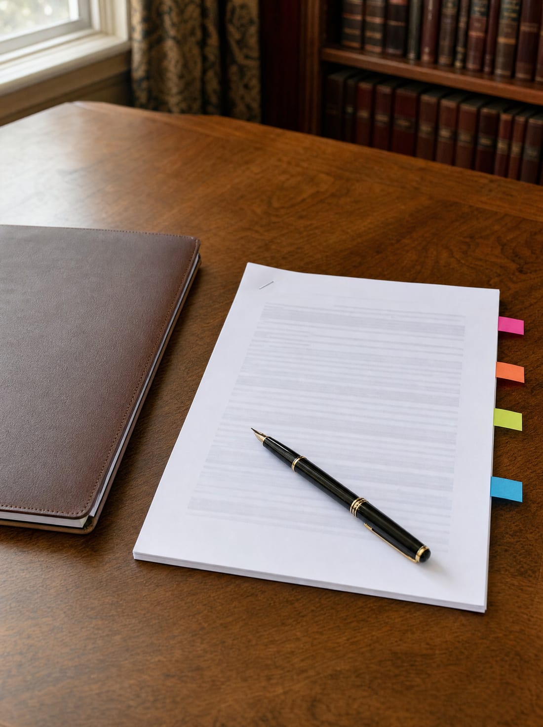 A will and trust draft with colored tab flags and a fountain pen on a leather desk portfolio, mid-review