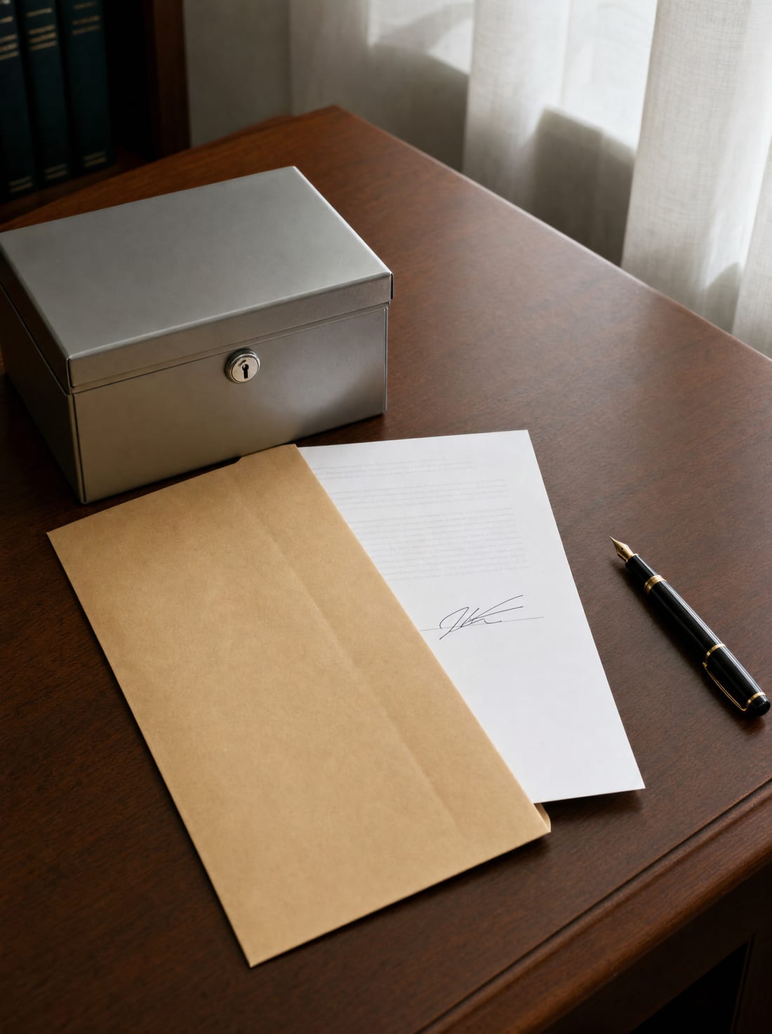 A signed will slipped into a document envelope beside a small steel document lockbox and a pen, ready for safekeeping