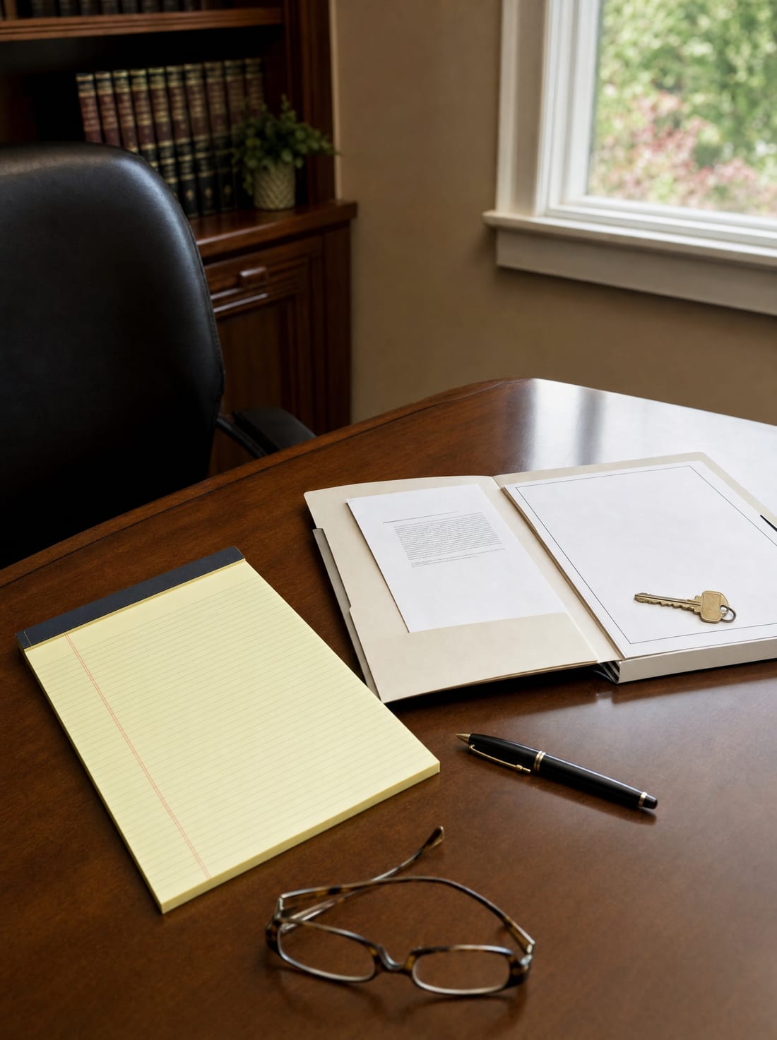 A warm law-office desk set for an estate-planning consultation: an open folder with a property deed and a house key, a legal pad, reading glasses, and a pen