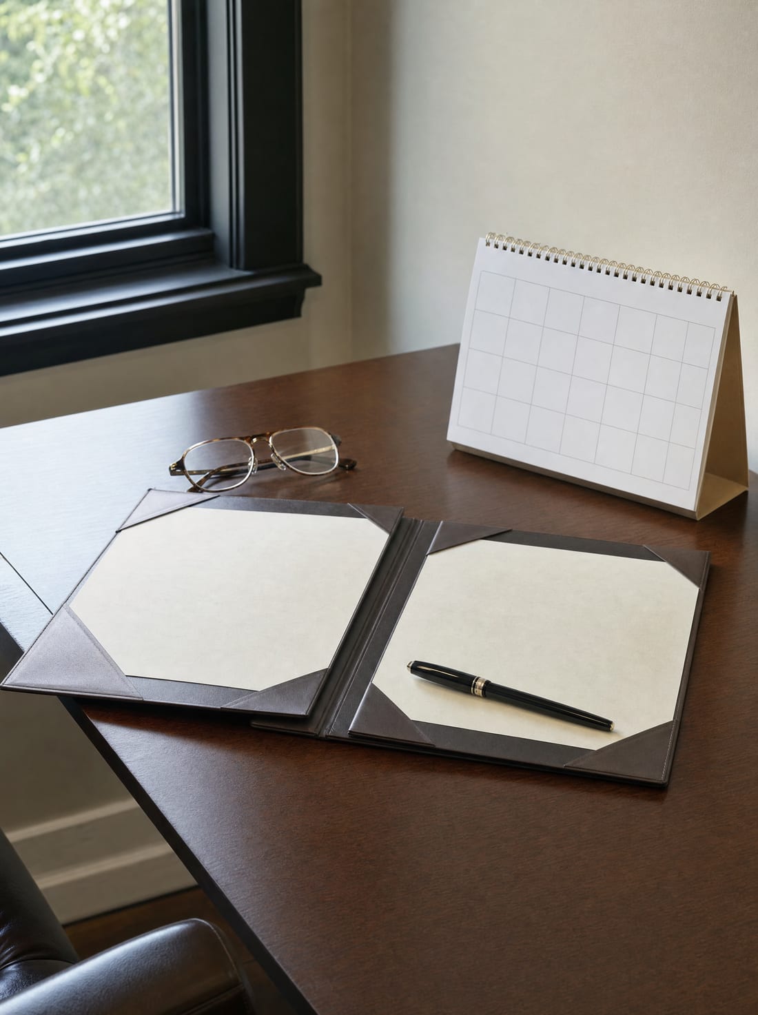 An open estate-planning folder beside a desk calendar, reading glasses, and a pen, set out to update the plan as life changes
