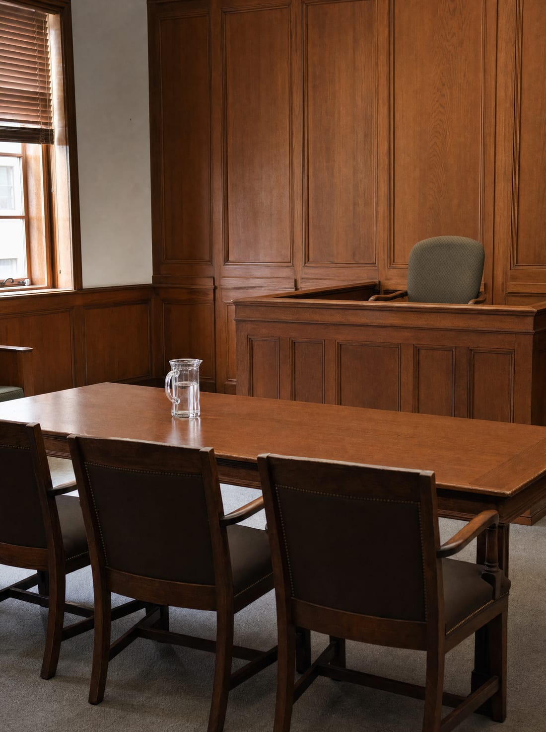 A wood-paneled hearing room with a table and empty chairs facing a witness chair, a special commissioners hearing setting