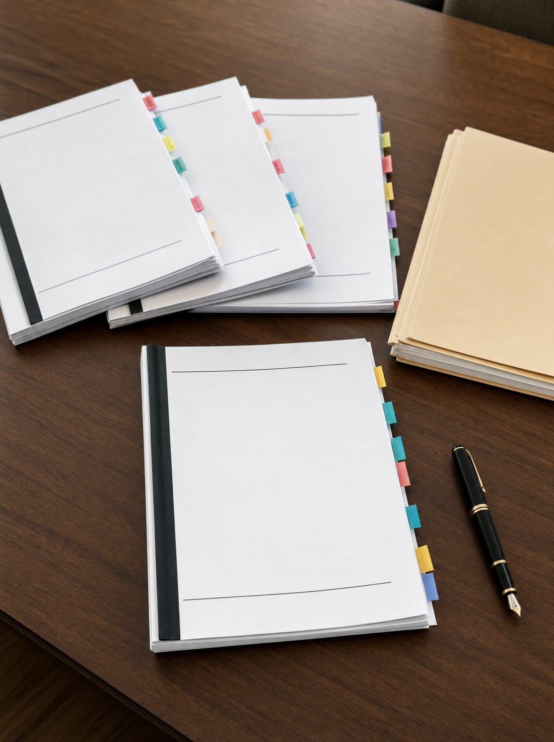 Several labeled trust and plan documents fanned across a desk showing a coordinated estate plan being assembled