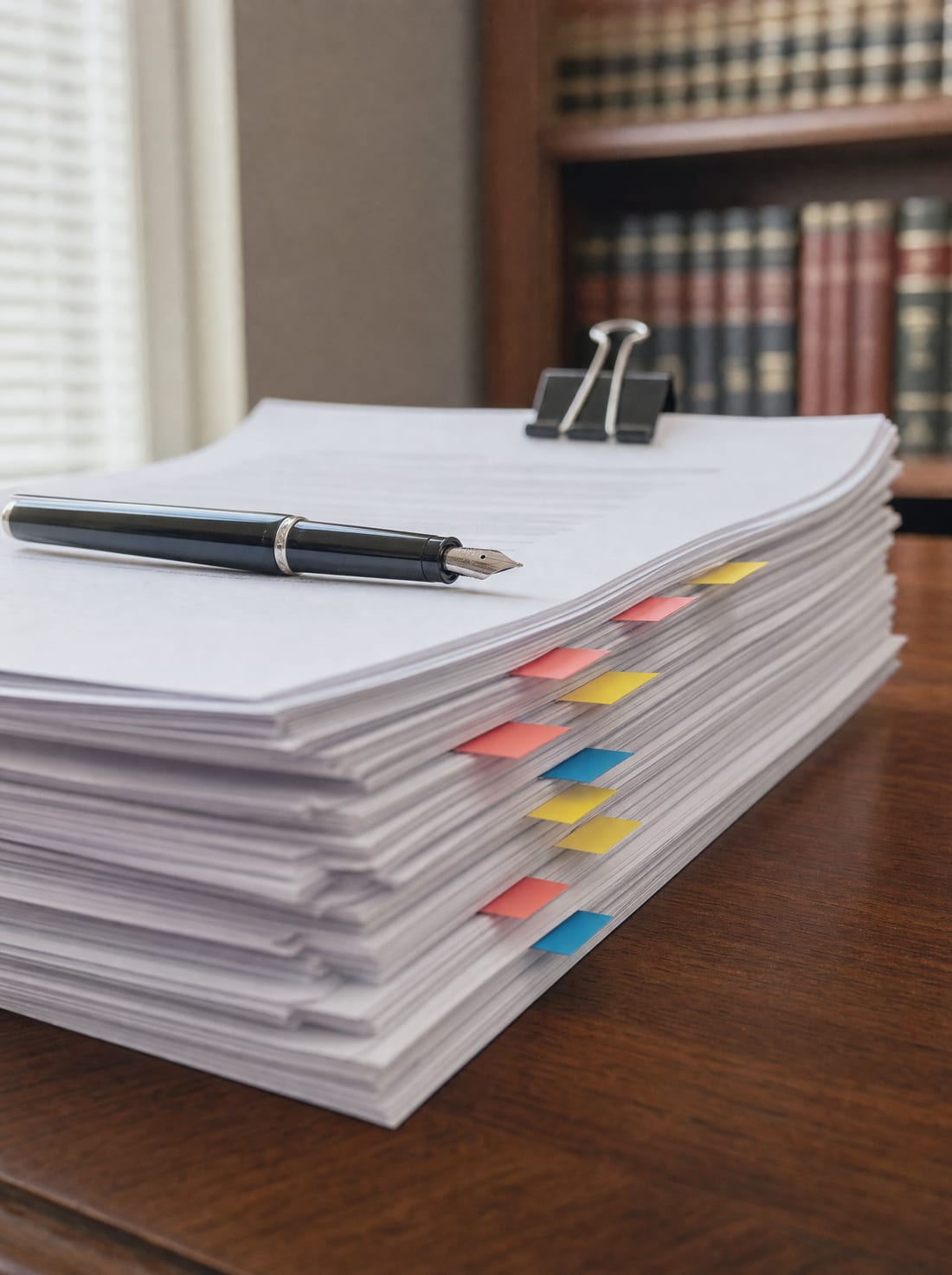 A stack of drafted trust agreements with tabbed page flags and a pen resting on the top page, ready for review