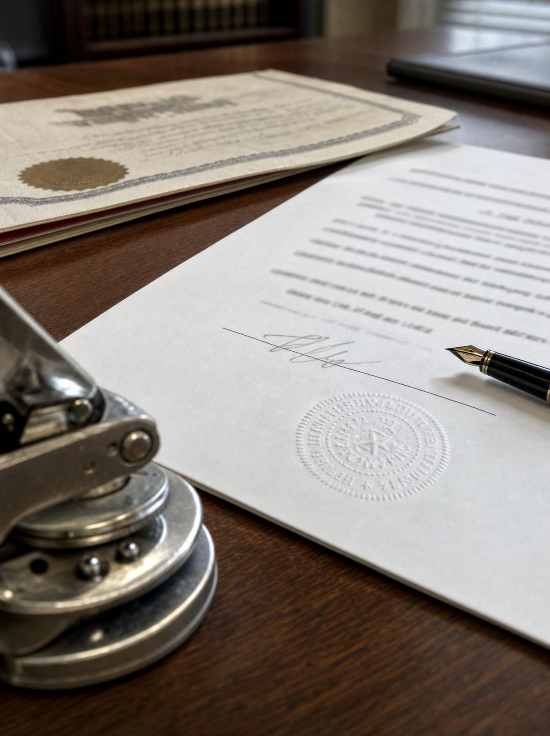 A signed and notarized trust document with a property deed and a fountain pen, representing executing and funding the plan