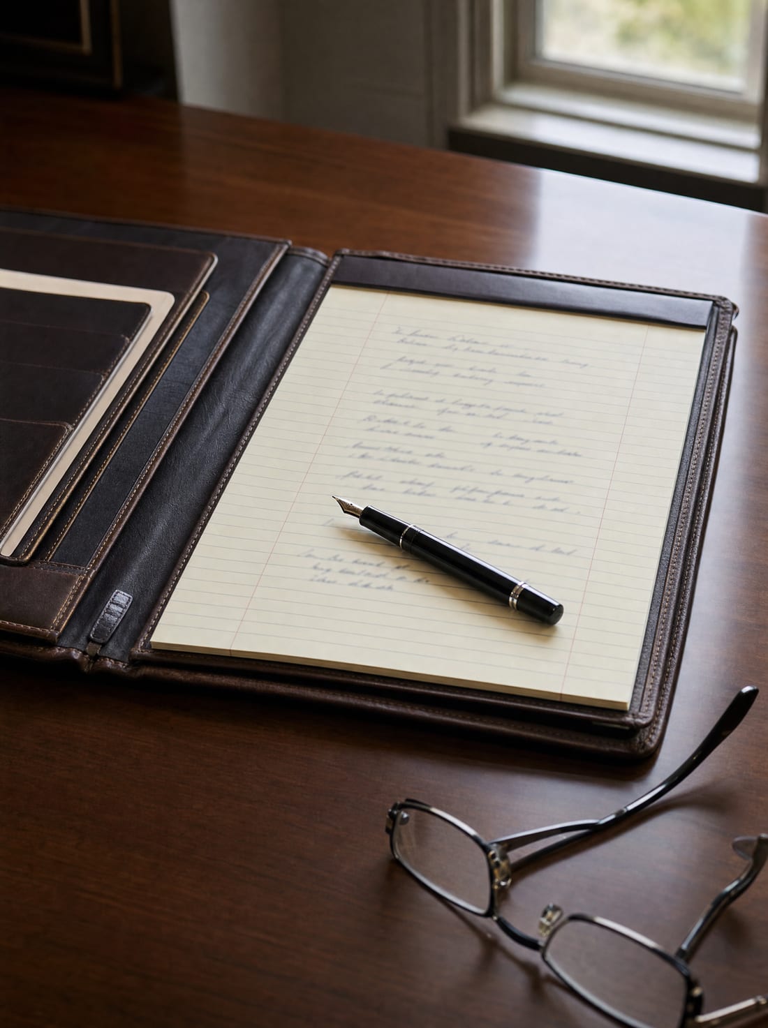 A leather portfolio with a handwritten list of estate goals and priorities beside reading glasses and a fountain pen on a wood desk