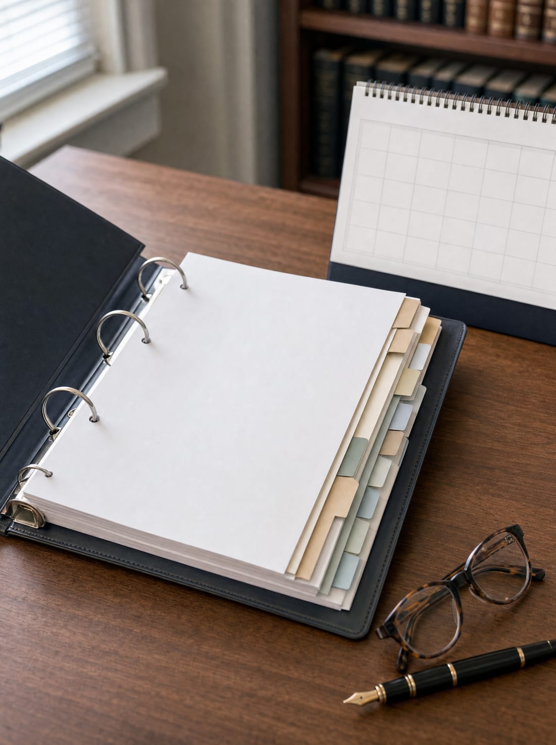An estate plan binder open beside a desk calendar and pen for a periodic review as the family's circumstances change