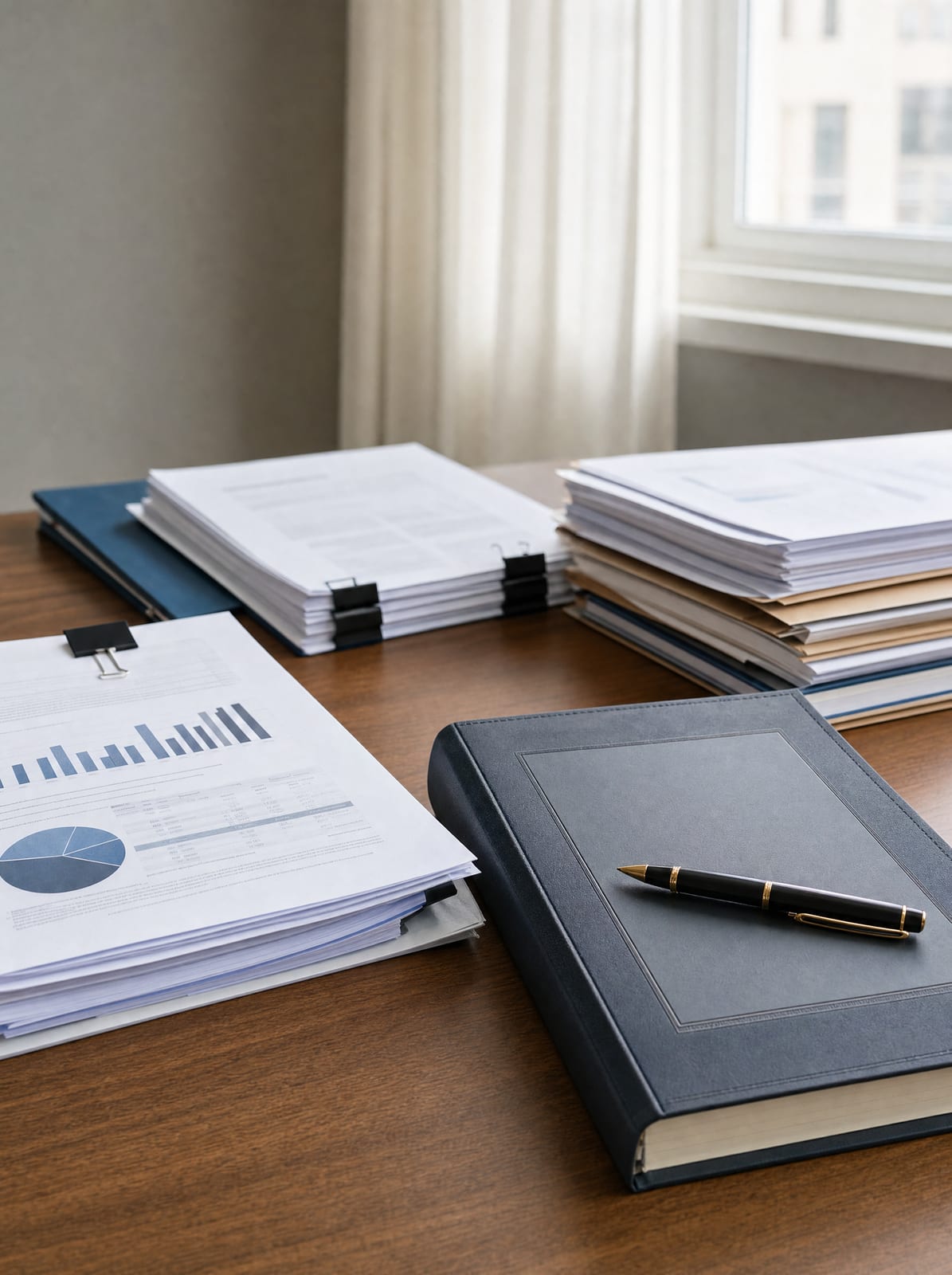 Corporate records, financial statements, a bound shareholder agreement, and a fountain pen on a warm wood desk, representing a commercial business-litigation dispute