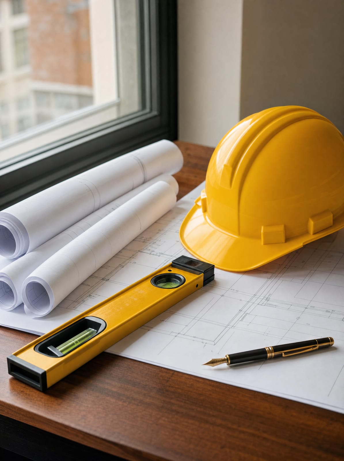 Rolled construction blueprints, a yellow hard hat, a spirit level, and a fountain pen on a warm wood desk, representing construction-defect litigation