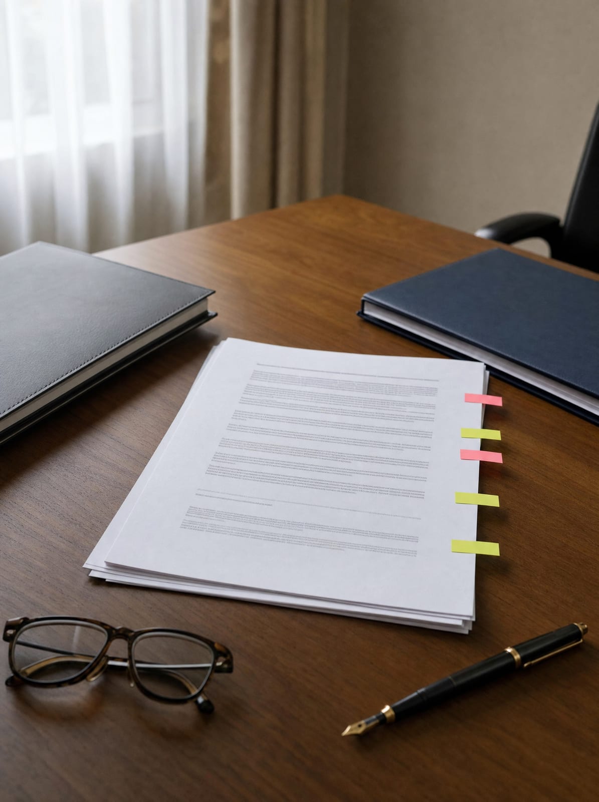 A business contract with colored tab flags marking disputed clauses, two folders, a fountain pen, and reading glasses on a warm wood desk, representing a contract dispute