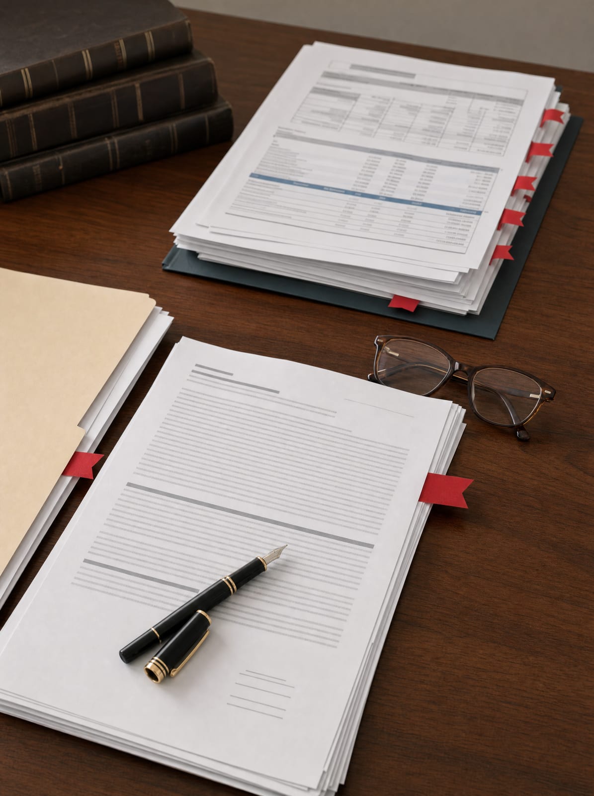Financial records and a contract marked with small red flags and a magnifying loupe on a warm wood desk, representing a fraud and misrepresentation claim