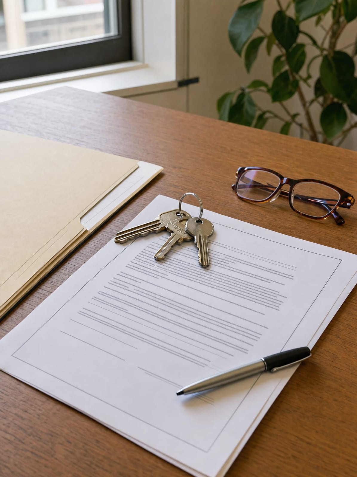 A residential lease agreement, a set of apartment keys, a folder, and reading glasses on a warm wood desk, representing a landlord-tenant dispute