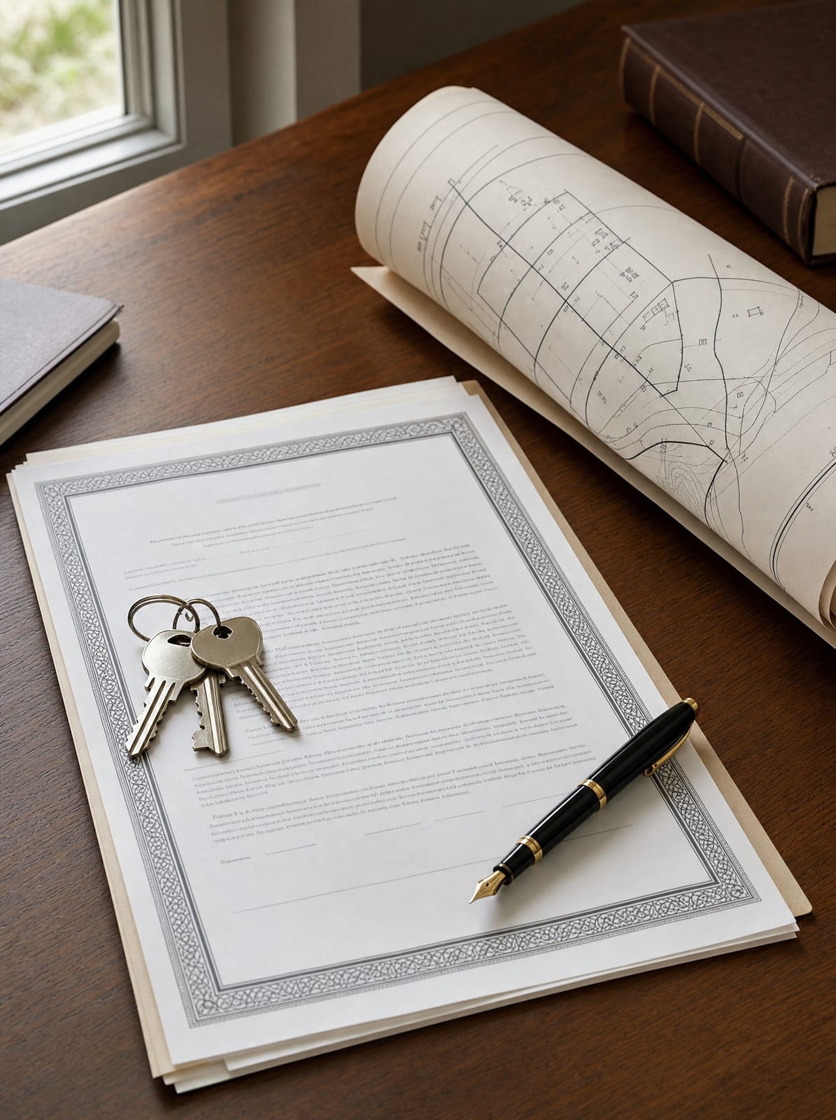 A formal property deed, a rolled land survey and plat map, a set of house keys, and a fountain pen on a warm wood desk, representing a real-property dispute