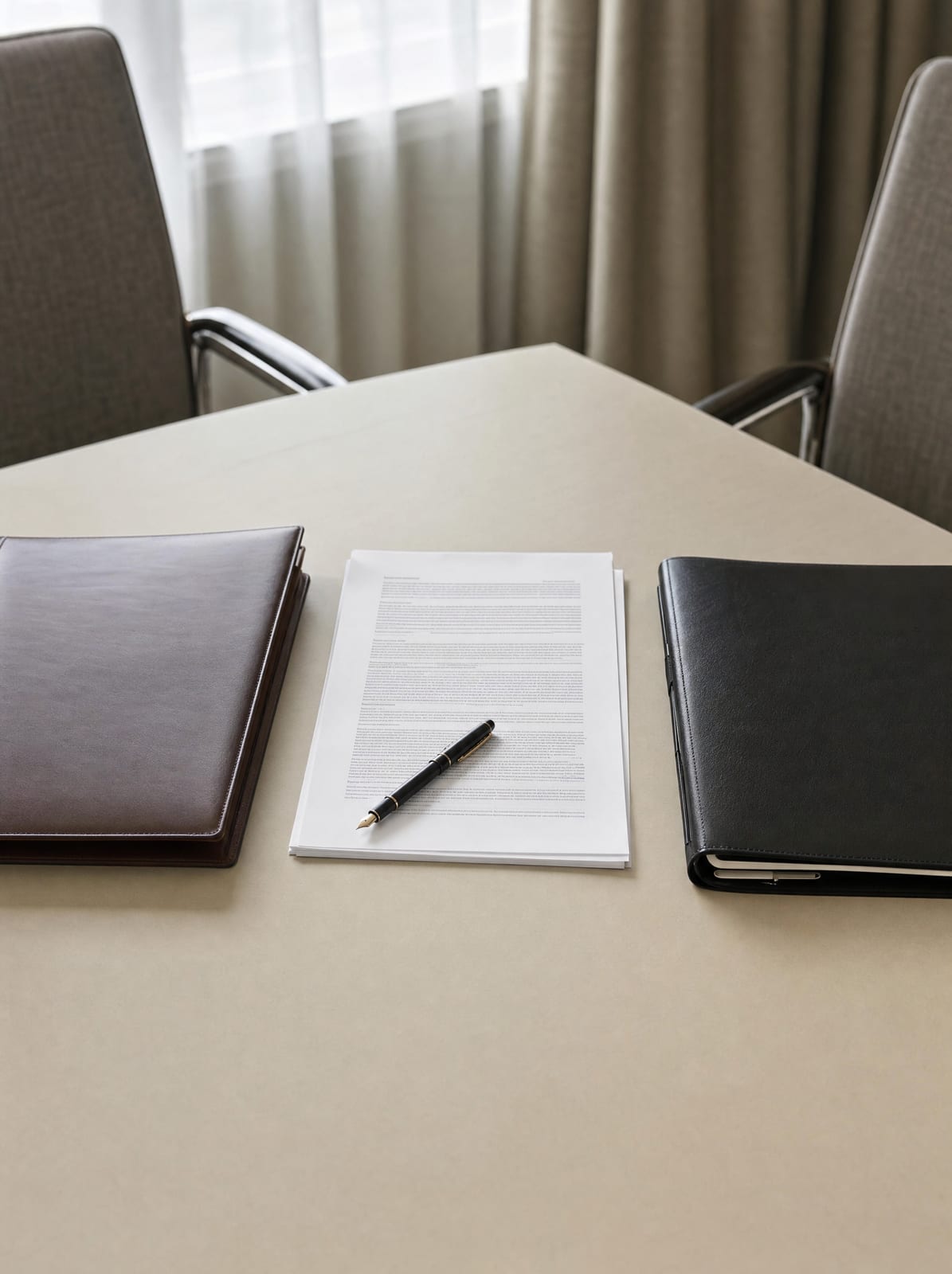 A business contract and two document folders set opposite each other on a neutral conference table with a fountain pen, representing a business or contract dispute suited for mediation