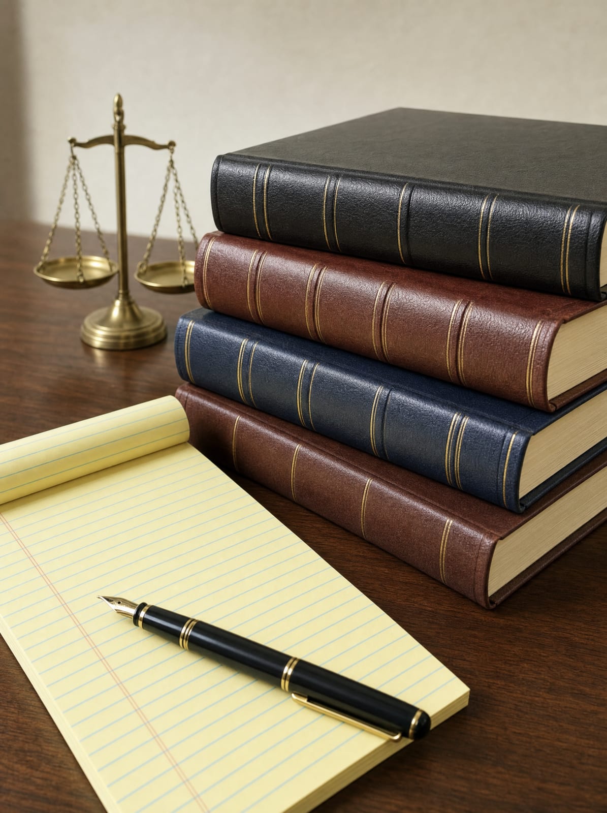 A stack of bound law books, a legal pad, and a fountain pen on a warm wood desk, representing civil litigation matters that courts often refer to mediation