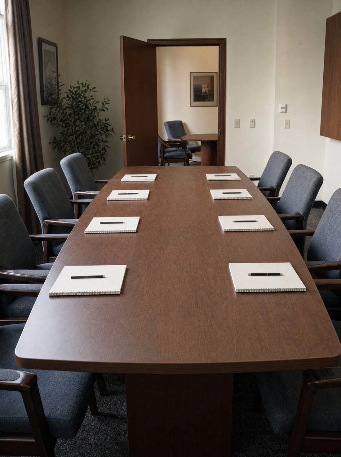 A conference table set with facing chairs and notepads for an opening session, a private side room beyond an open door
