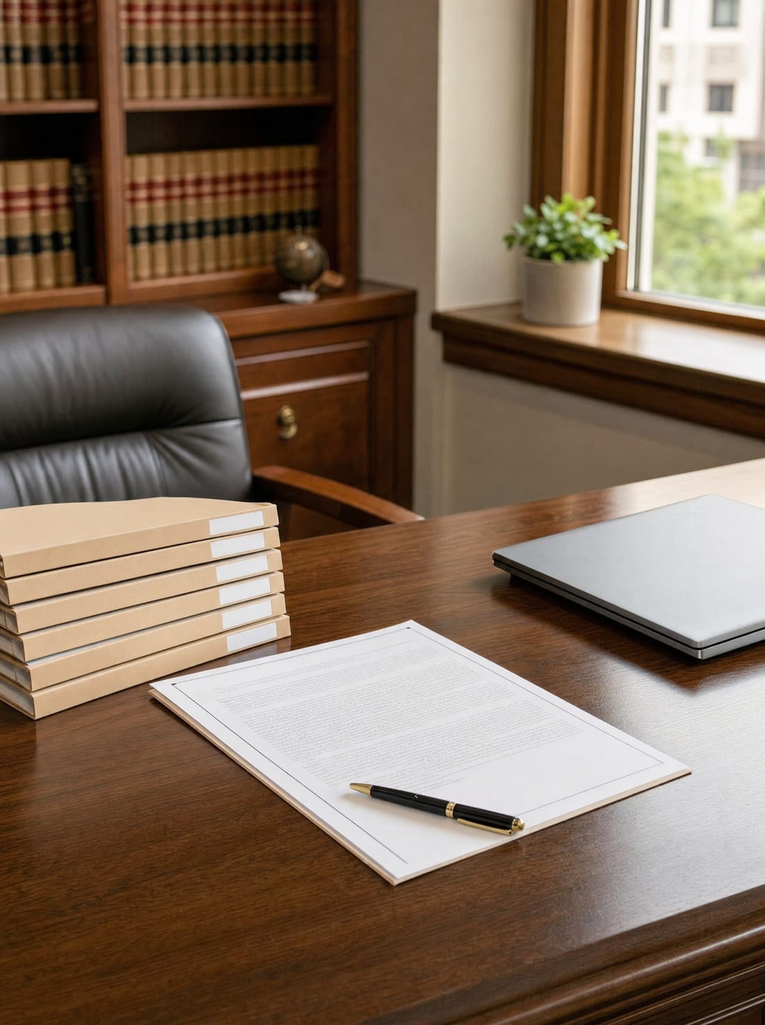 A tidy attorney's desk with a stack of labeled case folders, an open contract, and a pen during a case review