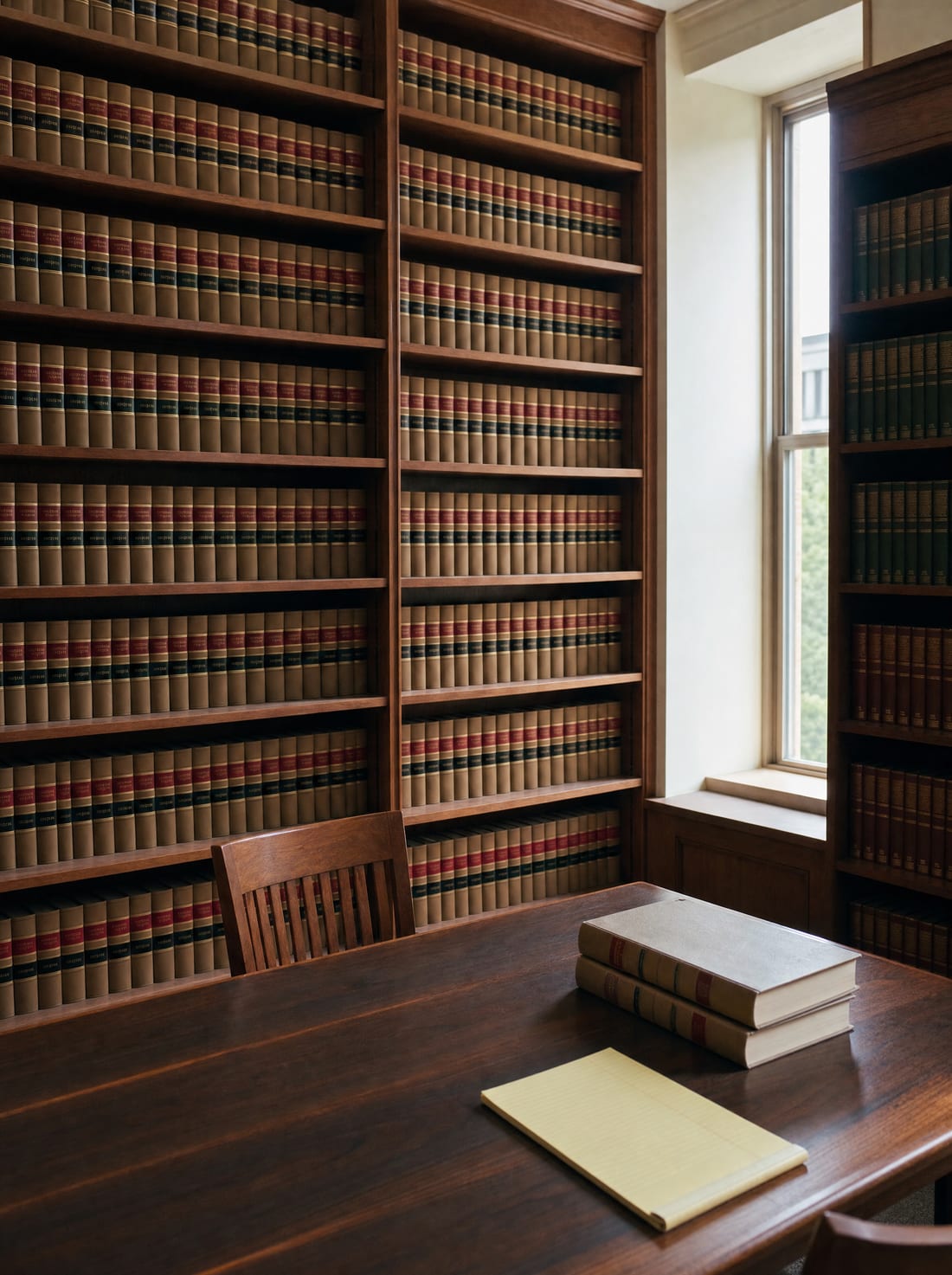 A quiet law library with tall shelves of bound law reporters and a reading table under soft daylight