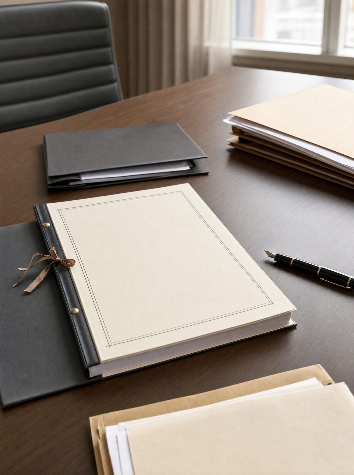 A bound partnership agreement, several document folders, and a fountain pen on a neutral conference table, representing a partnership or shareholder dispute suited for mediation